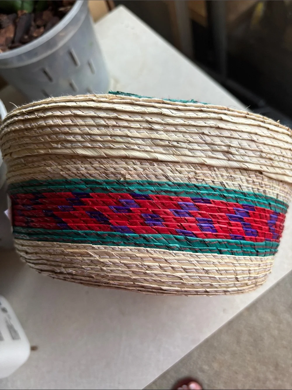 Handwoven Palm Tortillero Natural Straw Basket with Red Floral Accent